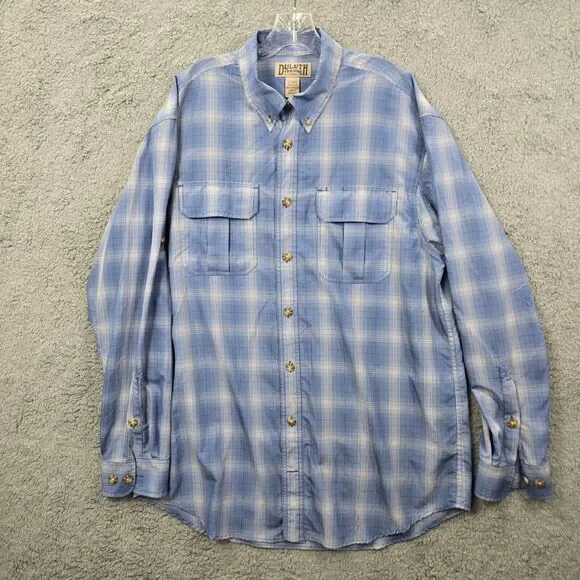 Duluth Trading Co Men's Blue Plaid Long Sleeve Button Up Roll Tab Size L Tall - Picture 1 of 10
